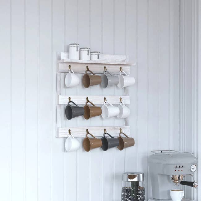 wall mounted organizer with hooks to hang coffee mugs