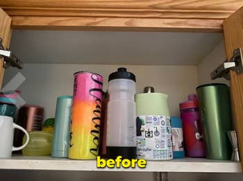 before of reviewer's water bottles in a cabinet 