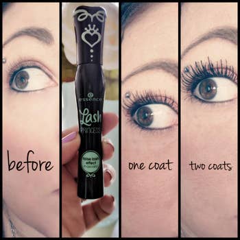reviewer showing their lashes before, the tube of mascara, then after one and two coats; by two coats it looks like they're wearing falsies