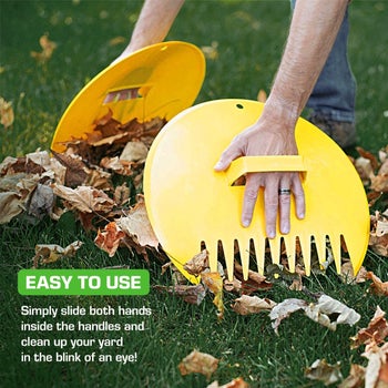 model scooping leaves from the ground with the tools