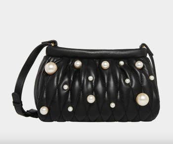 black ruched bag with different size pearls