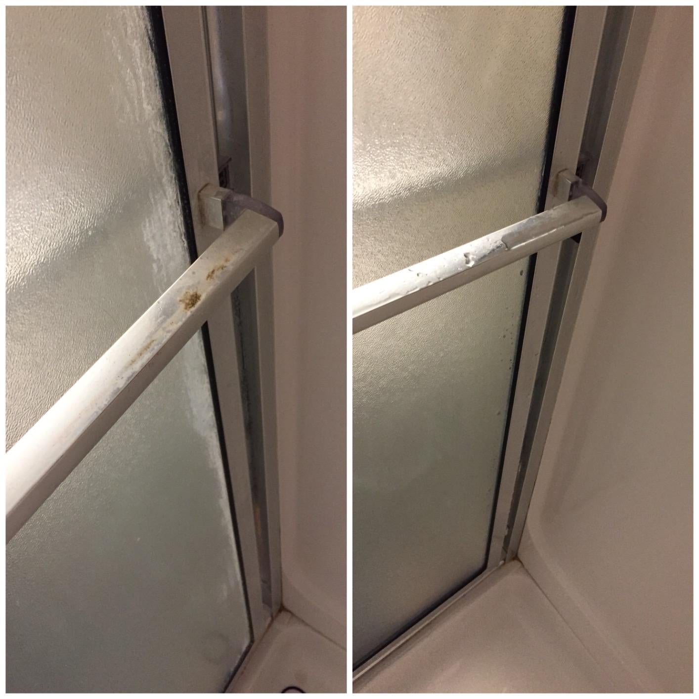 Shower door before and after using eraser sponge to clean rust spots
