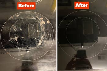 Reviewer image of before and after of dirty stovetop and clean stovetop