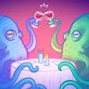 Two octopi sit at a dinner table while clinking glasses of wine