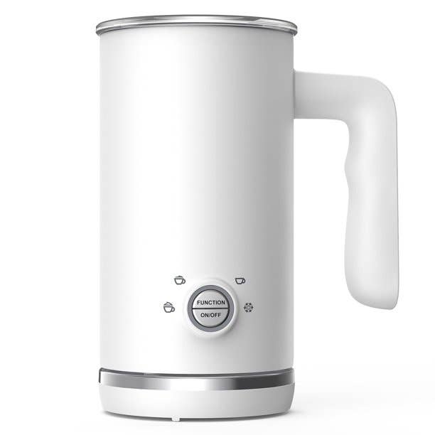 White milk frother and steamer with handle and silver power button and temperature customization button on a white background