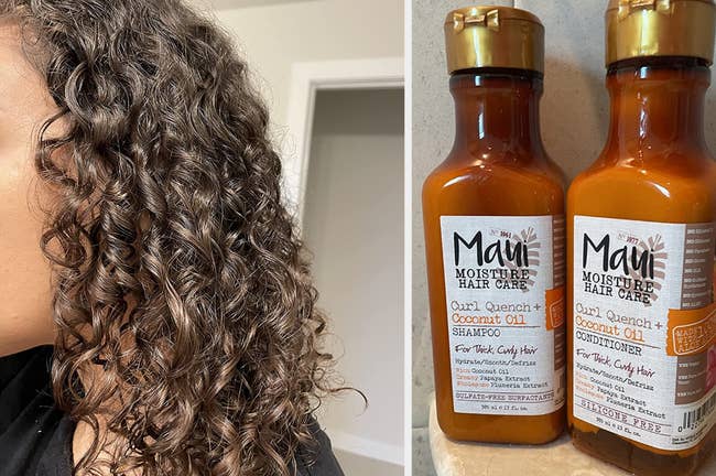 Reviewer with curly brown hair and black top, reviewer image of orange and gold shampoo and conditioner bottles on beige counter