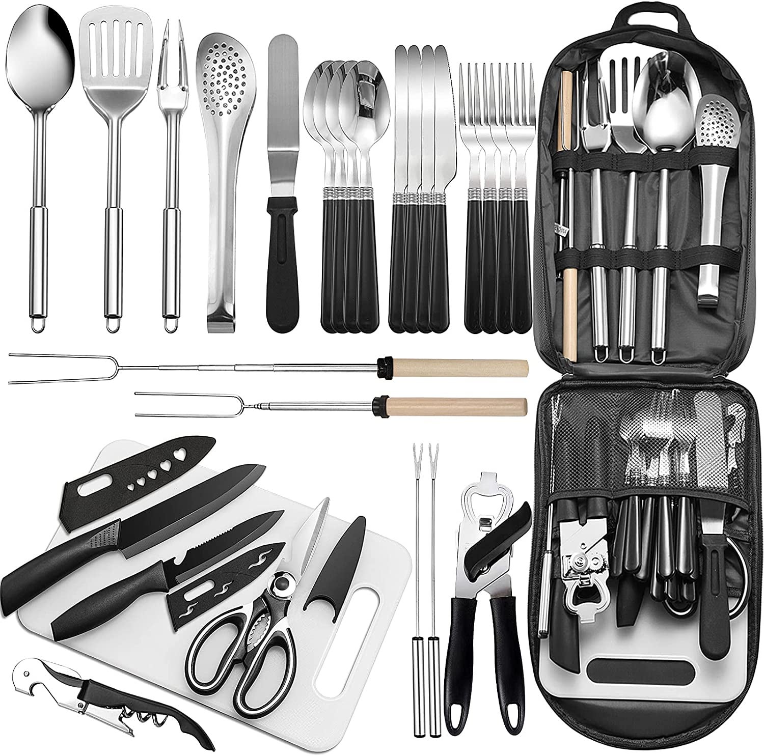 Travel Reusable Utensils Silverware with Case,Camping Cutlery  set,Chopsticks and Straw for Camping, Portable Flatware Cutlery Set with  Case, Stainless steel Tra…