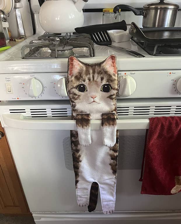 reviewer's towel with fabric paws hooked over their oven