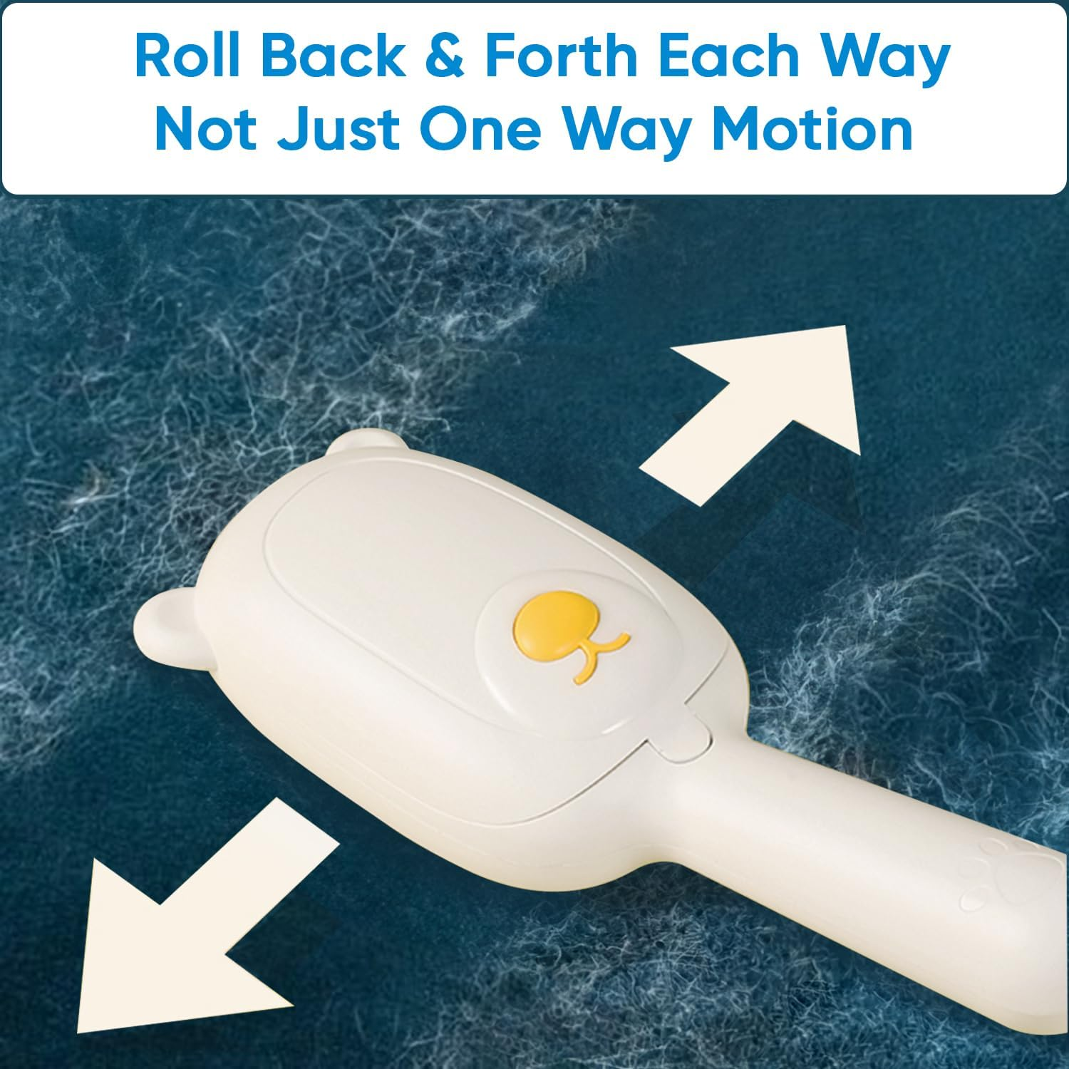 Pet hairsbreadth  removal instrumentality   with a grip  shown connected  fabric, with arrows suggesting a back-and-forth motion. Text emphasizes rolling some  ways