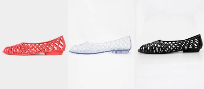 Three images of red, white, and black ballet jelly flats