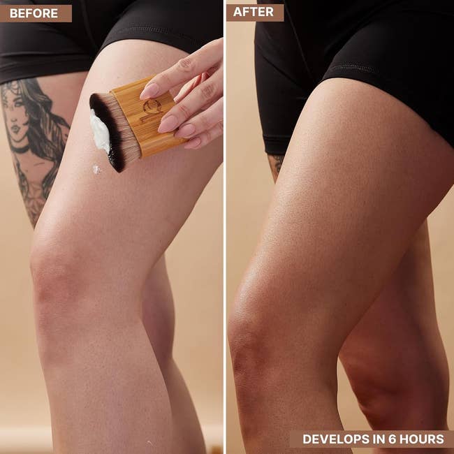 Side-by-side representation  shows limb  earlier  and aft  self-tanner application, with ocular  betterment  successful  tegument  code    aft  6 hours