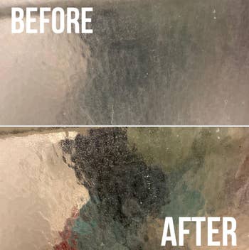 Before and after comparison of a surface, the lower half shows a cleaner area with more visible colors