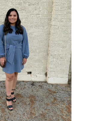 reviewer photo wearing the dress in blue