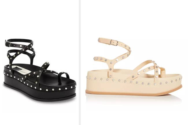 Black platform gladiator sandals with silver studs on a white background, side view of product in cream