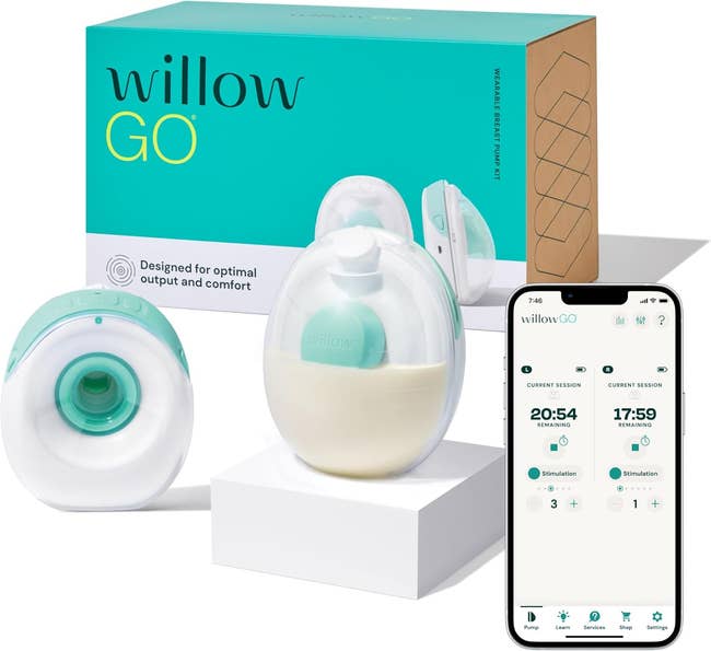 Willow Go bosom pump with its packaging, a smartphone app showing league details, highlighting convenience and tech integration successful breastfeeding