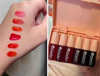 Lip swatches on hand and a selection of lipstick tubes displayed beside their case