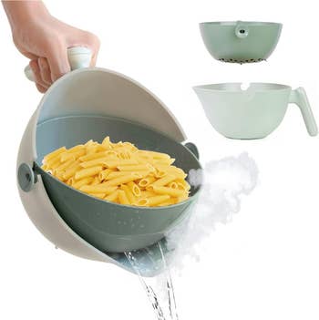 Model using the colander to strain water out of pasta