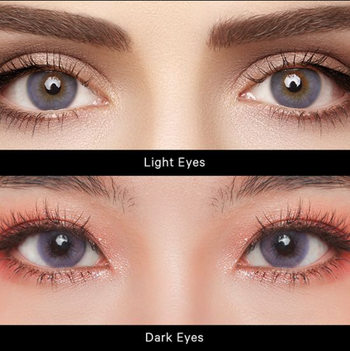 Two close ups of models with light and dark eyes wearing product