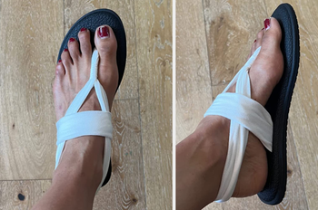 Reviewer wearing black and white cloth sandals on hardwood floor