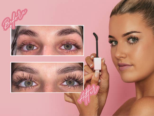 The image shows a before and after comparison of a reviewer's eyelashes enhanced by mascara