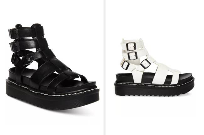 Black buckle ankle-length platform gladiator sandals, side view of product in white on a white background