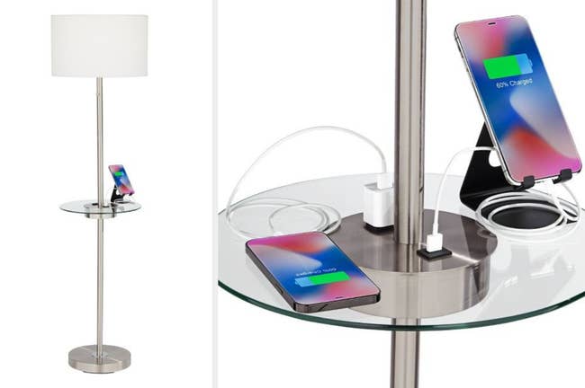 Silver narrow lamp with built in glass table and white lampshade, close up of glass table with USB plug-in and outlet, and two phones plugged in