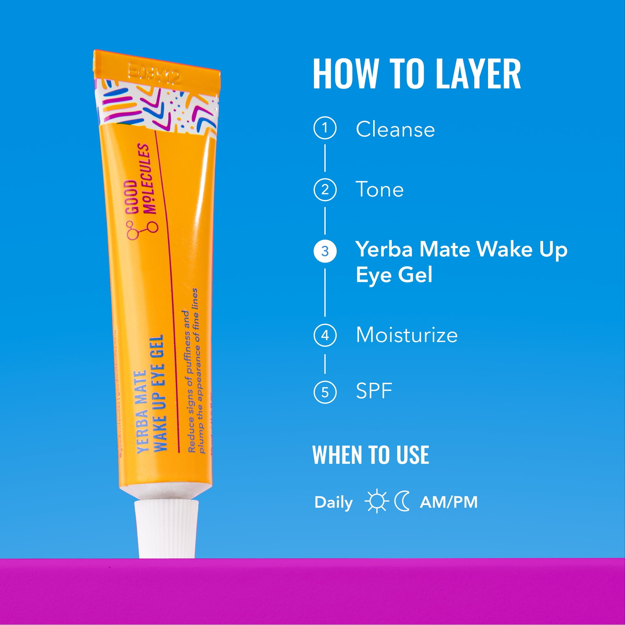 Yerba Mate Wake Up Eye Gel tube, featuring vibrant patterns. 