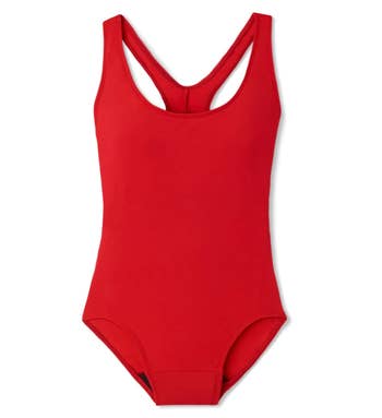 A red racerback one piece suit 