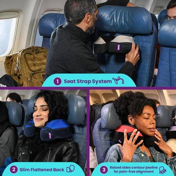 Three images show people using a neck pillow on an airplane: a man using the seat strap system, a woman with the pillow’s flattened back, and a woman experiencing jawline comfort with raised sides