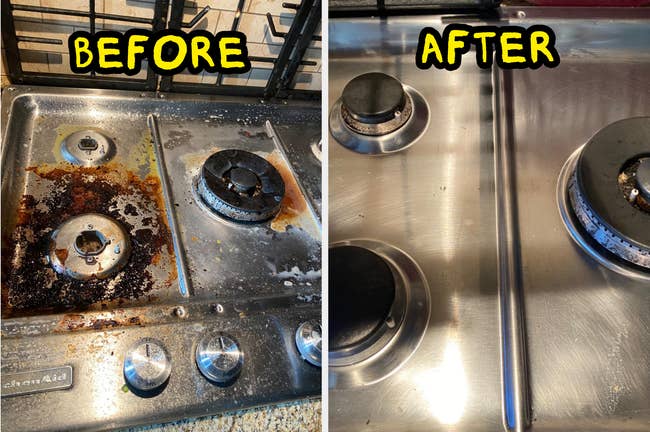 Before and aft images of a stovetop aft utilizing beekeepers friend