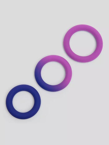 Three graduating cock rings in purple and pink to demonstrated color change