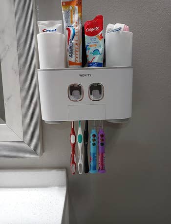 the white wall mounted toothbrush holder
