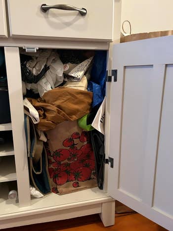 reviewer image showing a cabinet stuffed with tote bags