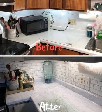 before/after of the subway tile applied in a kitchen