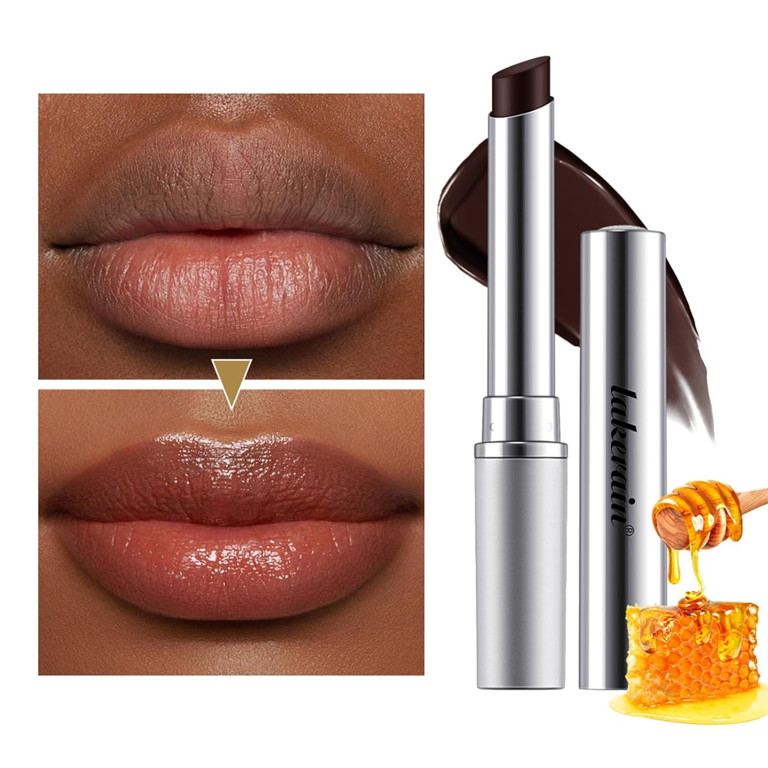Close-up of lips before and after applying sheer, glossy lipstick, showing a clear transformation to a smooth, shiny finish