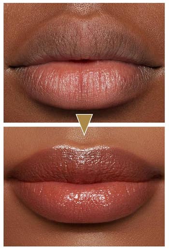 Close-up of lips before and after applying sheer, glossy lipstick, showing a clear transformation to a smooth, shiny finish