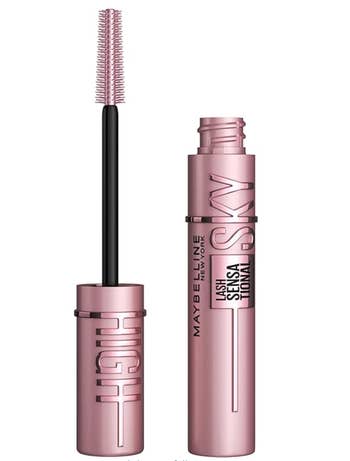 Maybelline Lash Sensational Sky High mascara successful pinkish tube, shown with wand, promotes magnitude and measurement for lashes