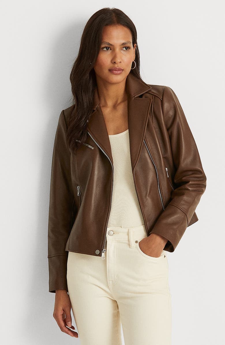 Image of model wearing brown leather jacket