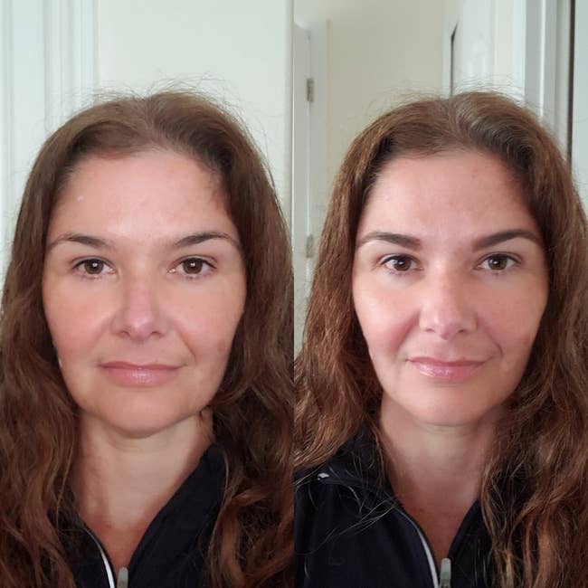 reviewer before, with thinner brows, and after, with thicker, natural-looking brows