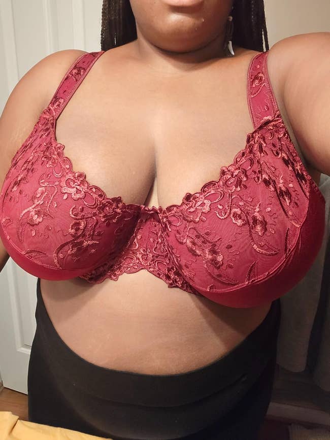 A adjacent up of a reviewer wearing the bra
