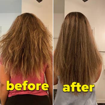 before and after of a reviewer with frizzy and then sleek hair