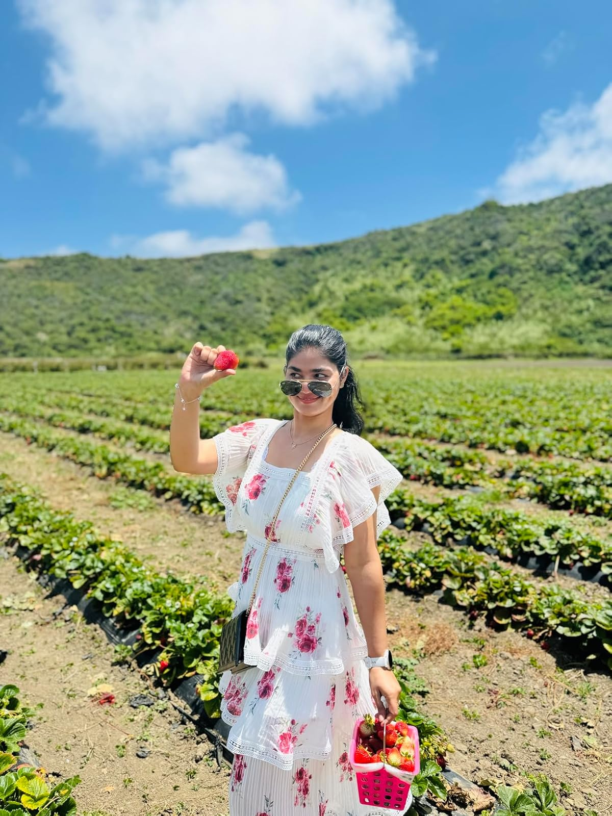 Person in a farm holding a strawberry and a basket, wearing a floral-patterned dress and sunglasses, surrounded by fields and hills