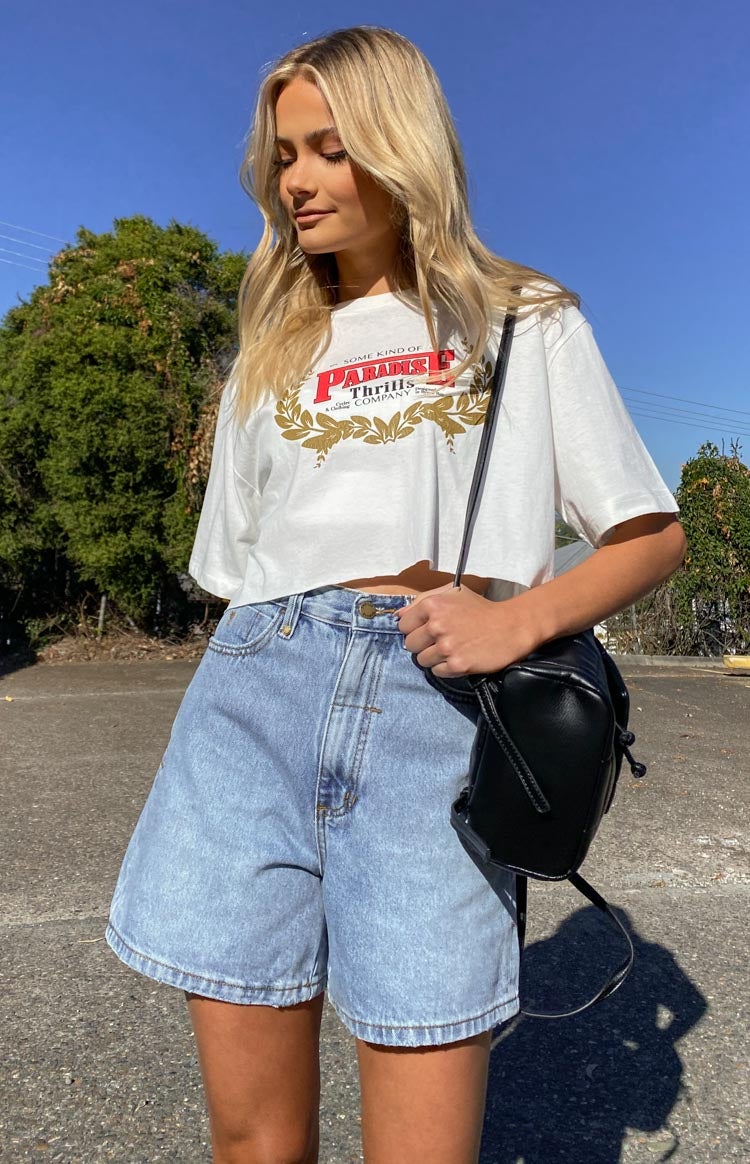 a model in the light wash denim jeans