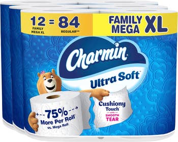 Charmin Ultra Soft toilet paper, Family Mega XL size, touts