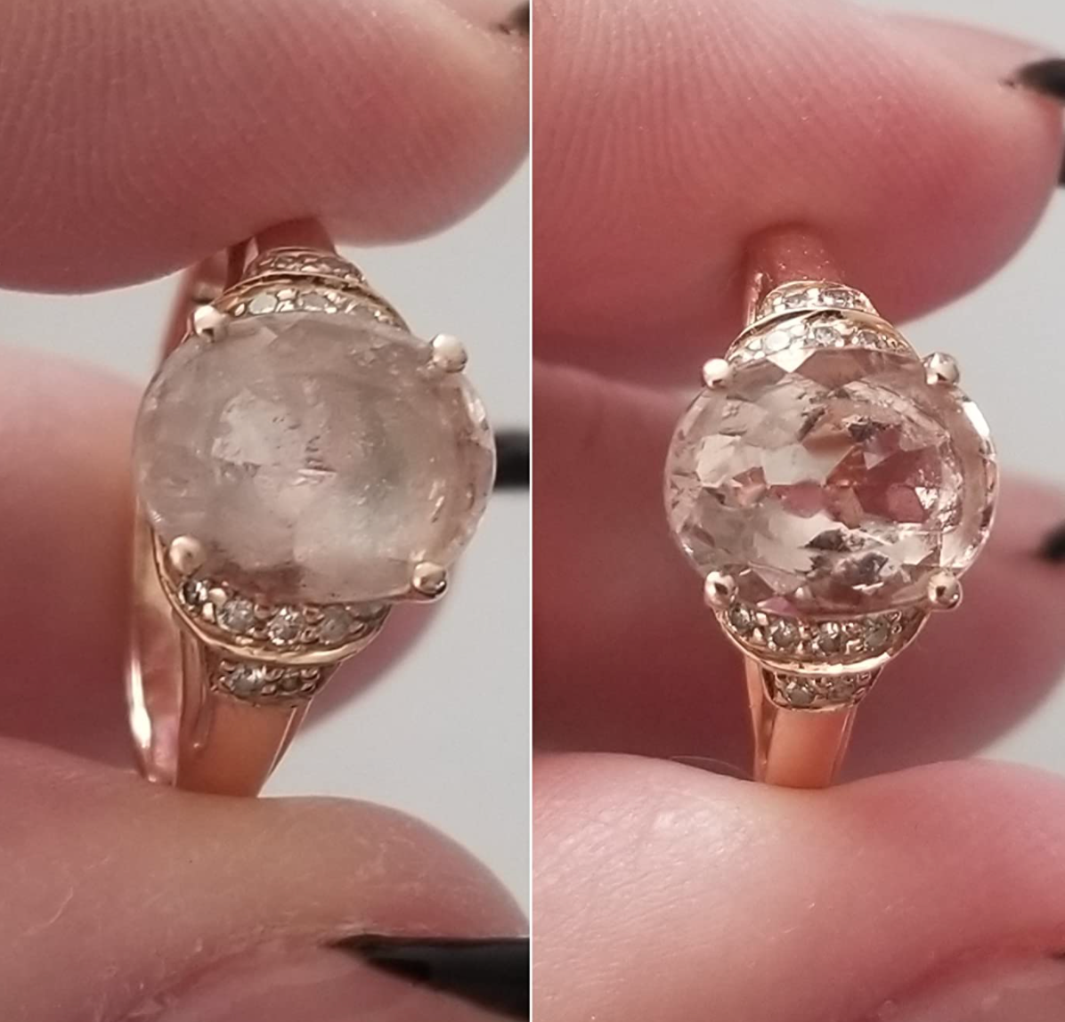 a before and after photo of a reviewer's diamond ring looking fogged up and then looking shiny and new after using the cleaning pen