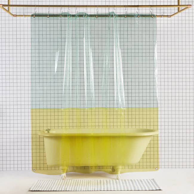 two tone sheer shower curtain above clawfoot tub 
