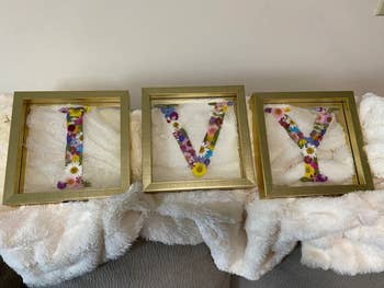 three frames each with an initial in it made out of pressed flowers
