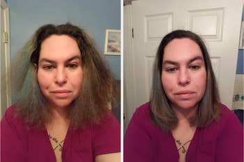Before and after photos of a reviewer using the hair mask