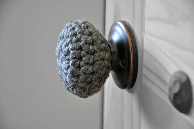 Gray crochet doorknob cover