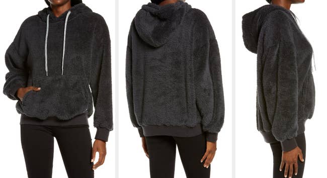 Three images of model wearing black pullover sweatshrit